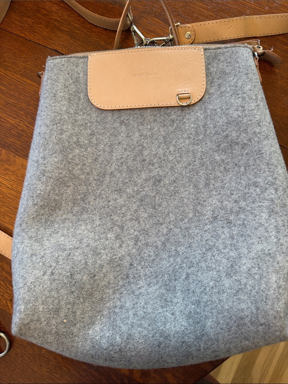 Graf Lantz Gray wool convertible backpack/tote with Tan Leather Trim and straps